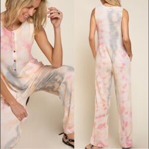 POL Sleeveless Tie-Dye Waffle Jumpsuit - Peach, Pink & Gray size Small
